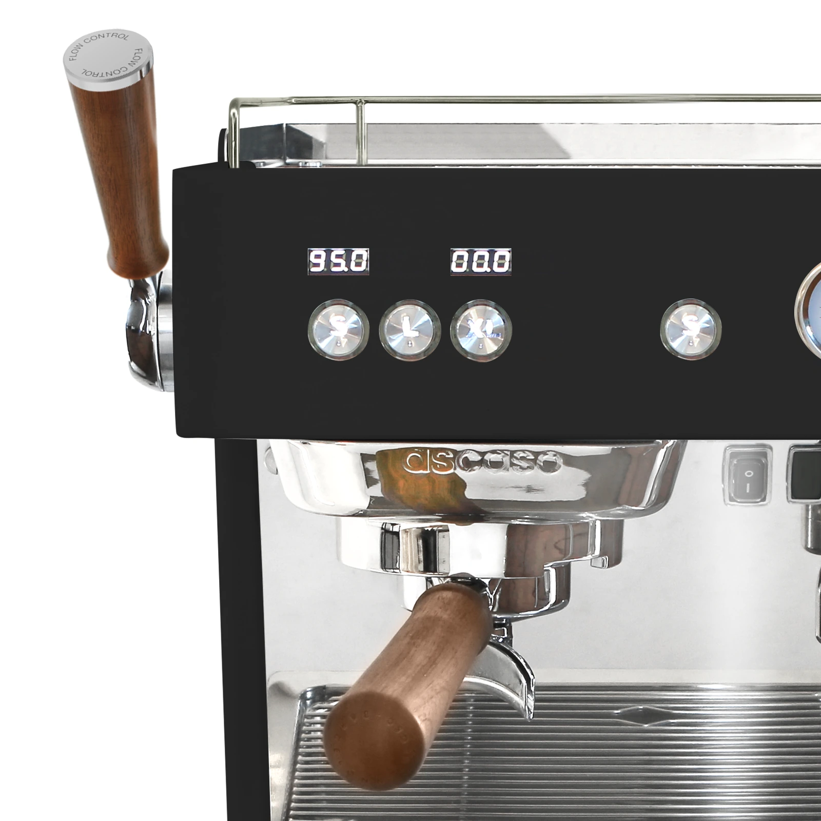 Black „Ascaso“ Baby T FLOW: brew group and walnut-handled portafilter
