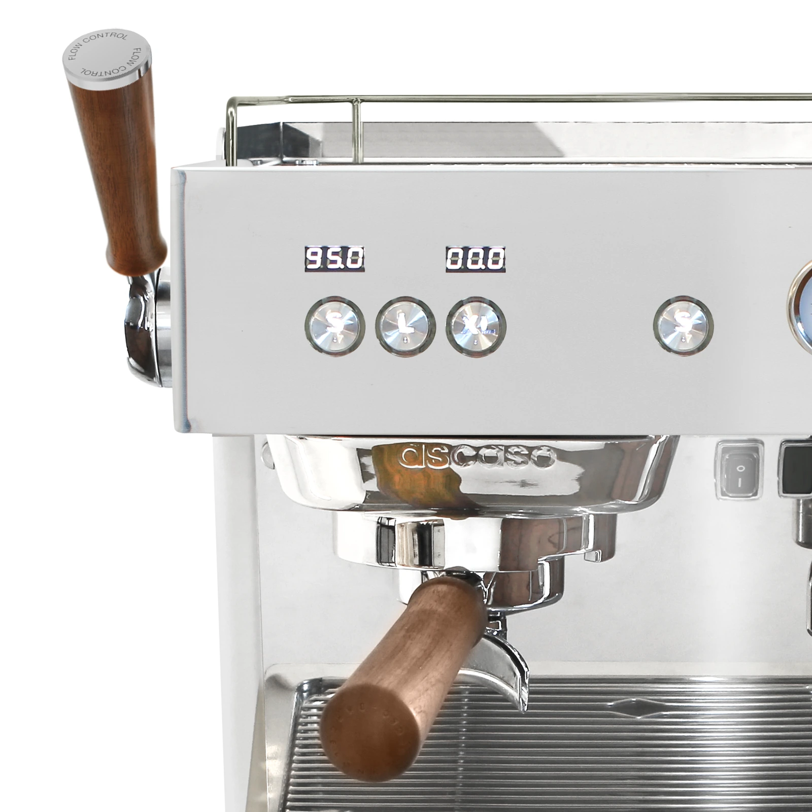 Stainless steel „Ascaso“ Baby T FLOW: brew group and walnut-handled portafilter