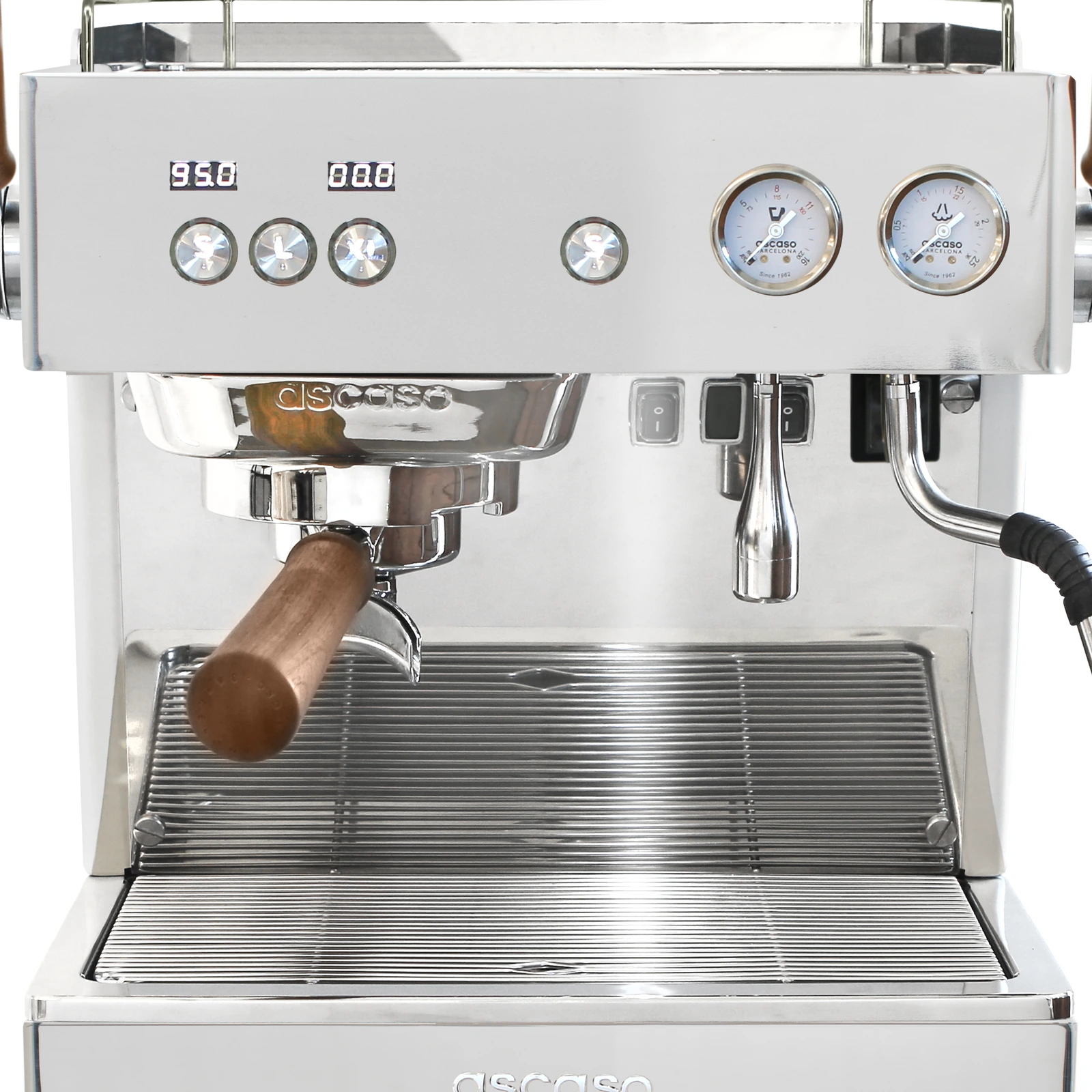 Stainless steel „Ascaso“ Baby T FLOW from the front: two displays, dose buttons and two pressure gauges