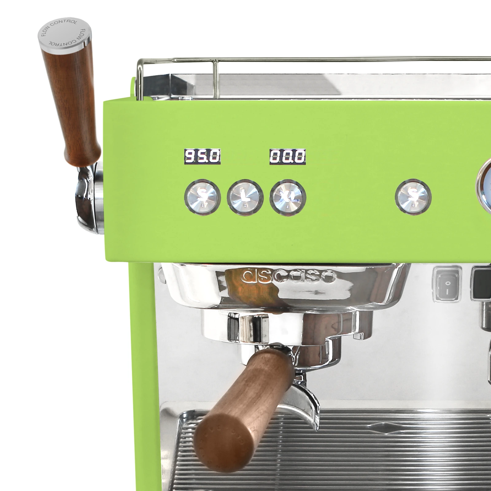Pistachio „Ascaso“ Baby T FLOW: brew group and walnut-handled portafilter