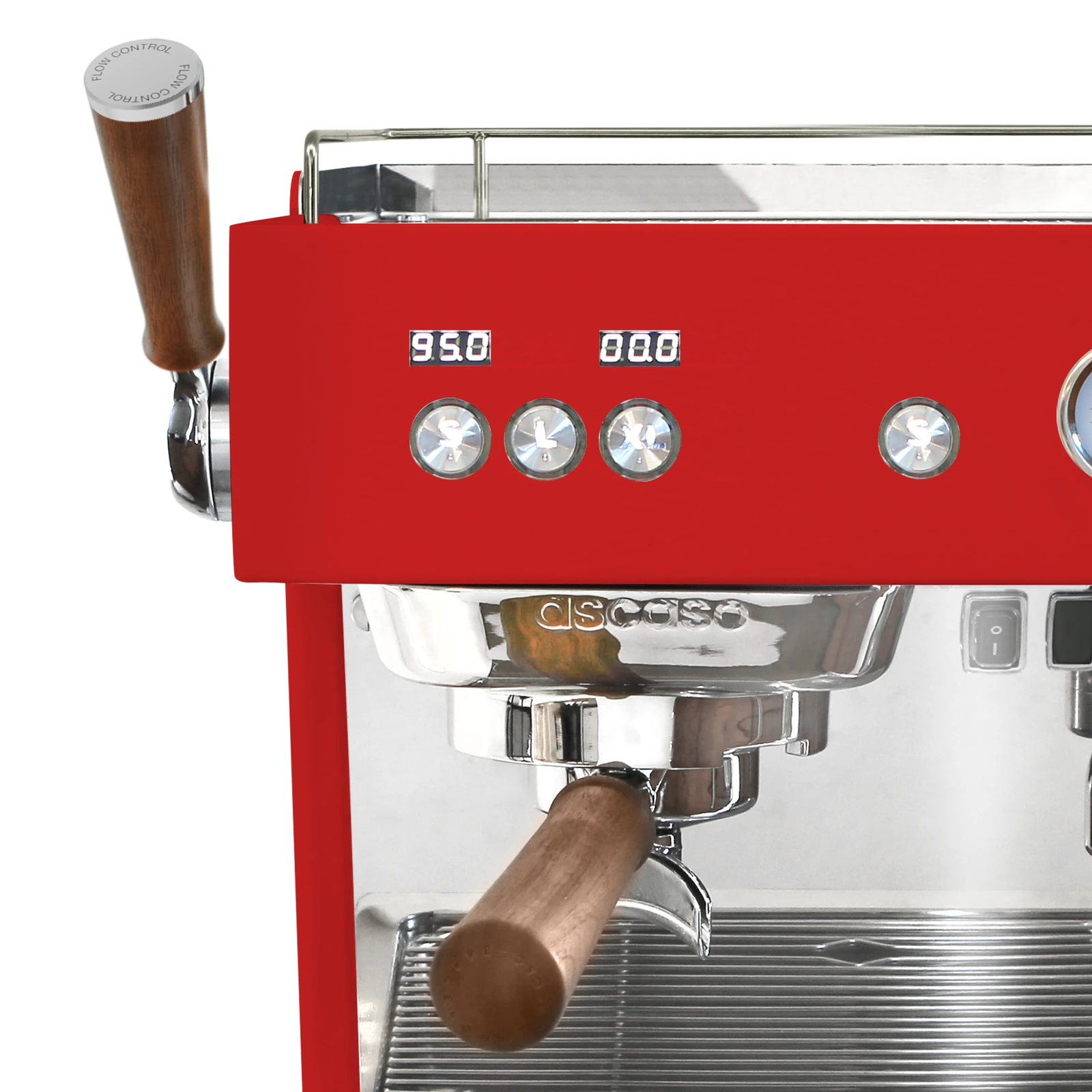 Red „Ascaso“ Baby T FLOW: brew group and walnut-handled portafilter