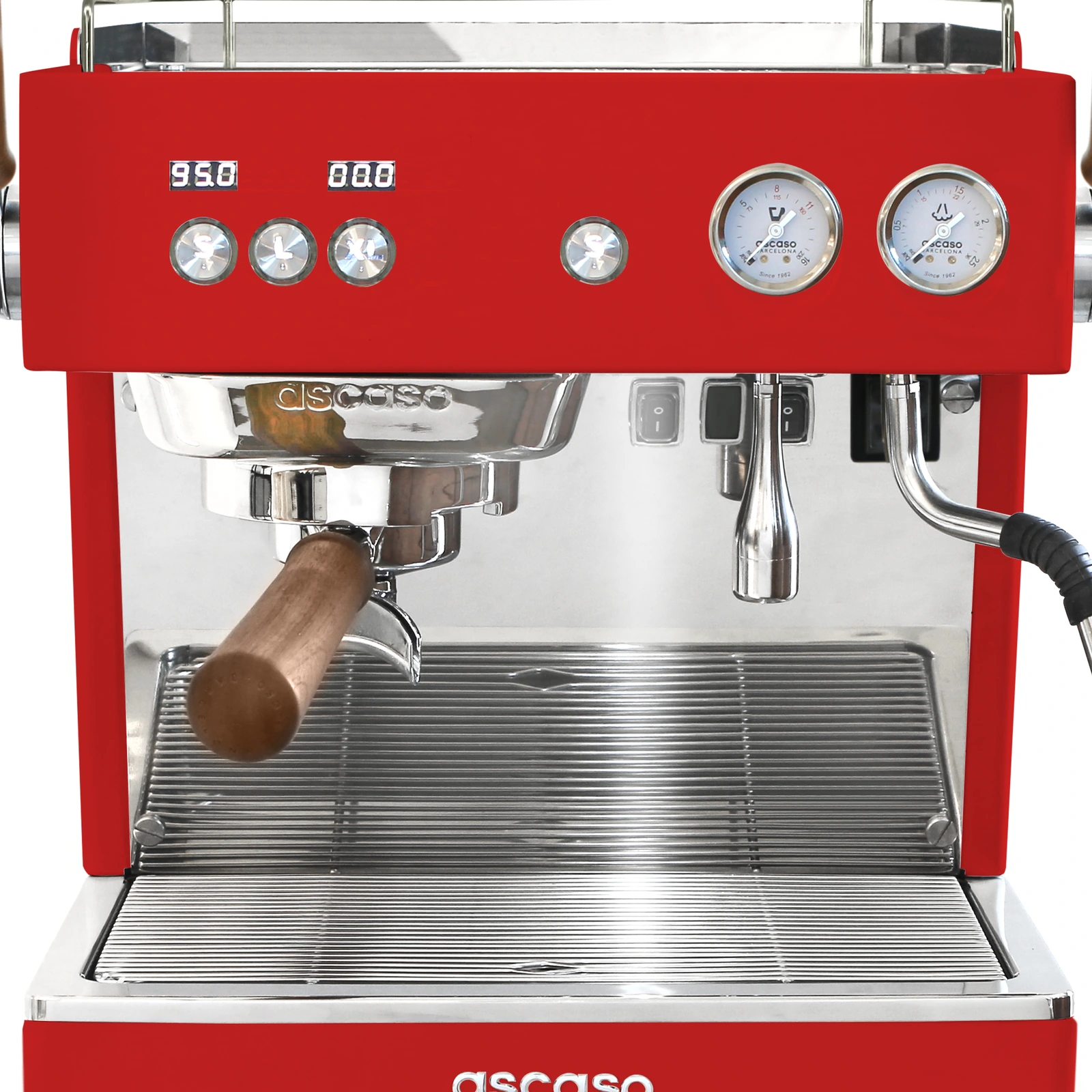 Red „Ascaso“ Baby T FLOW from the front: two displays, dose buttons and two pressure gauges