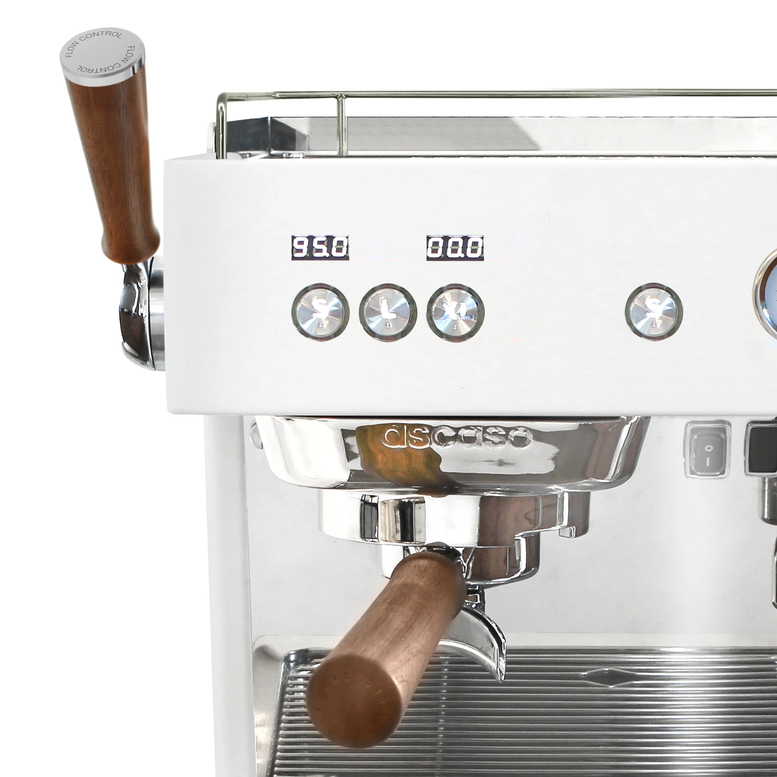 White „Ascaso“ Baby T FLOW: brew group and walnut-handled portafilter