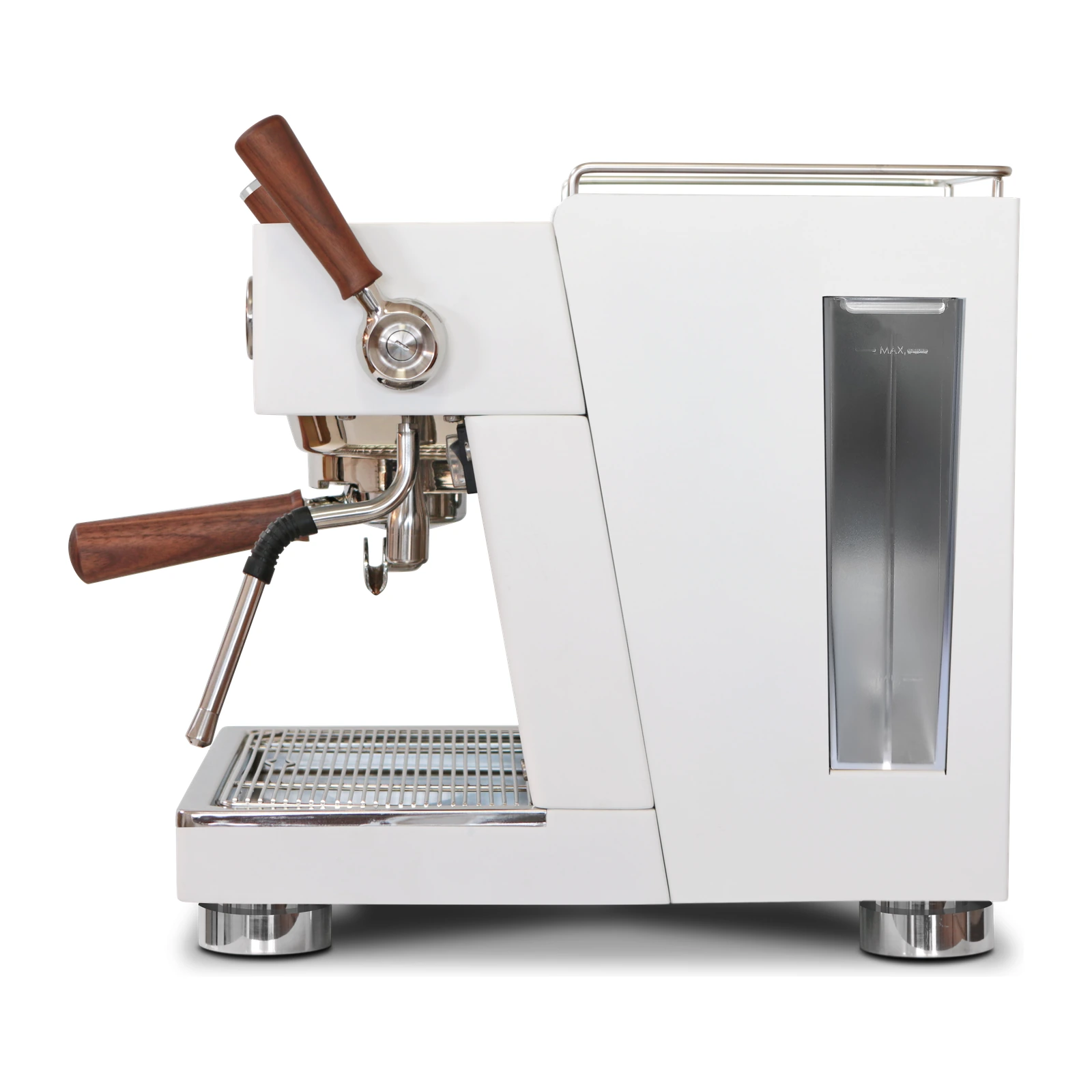 White „Ascaso“ Baby T FLOW from the side: 2 L water tank with a window