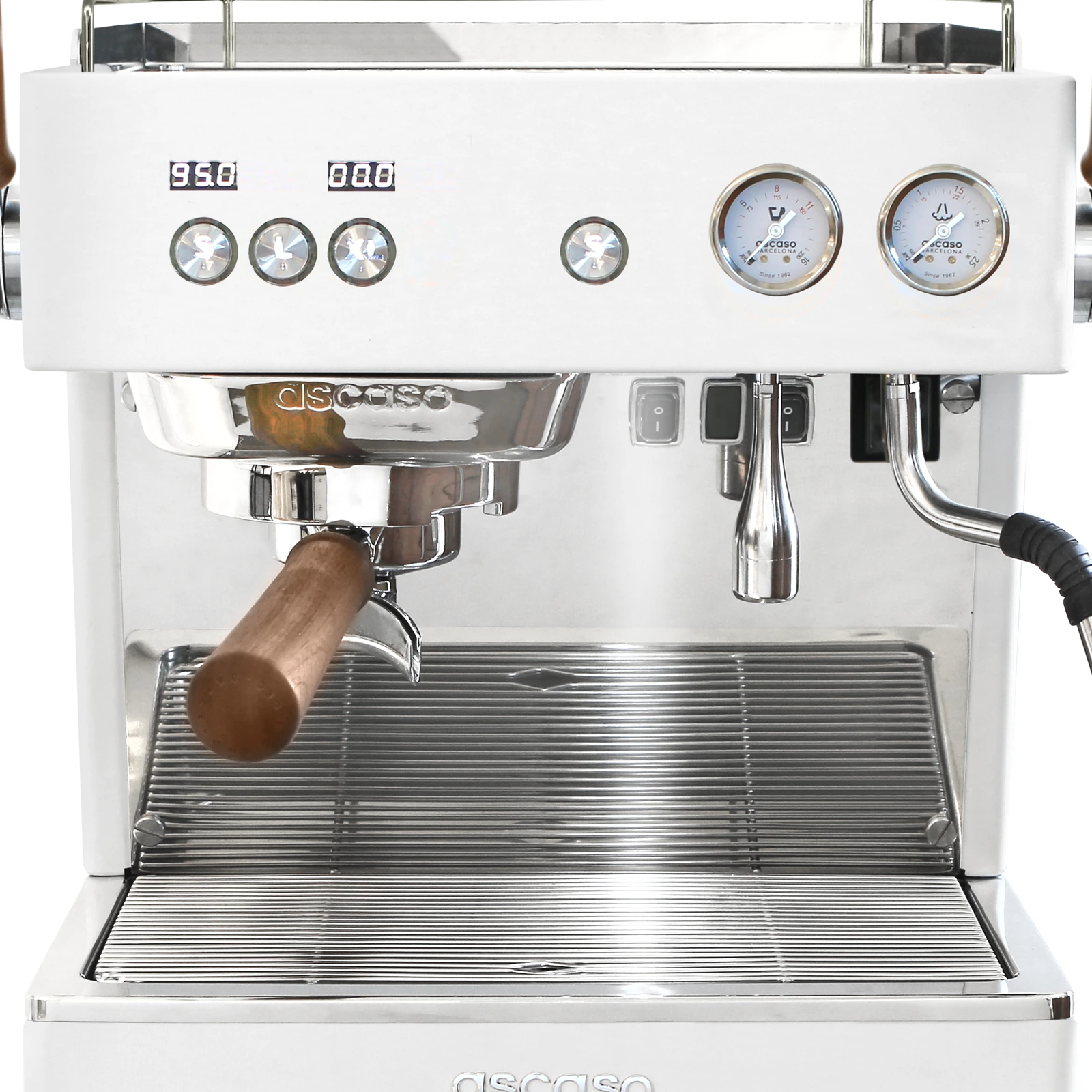 White „Ascaso“ Baby T FLOW from the front: two displays, dose buttons and two pressure gauges