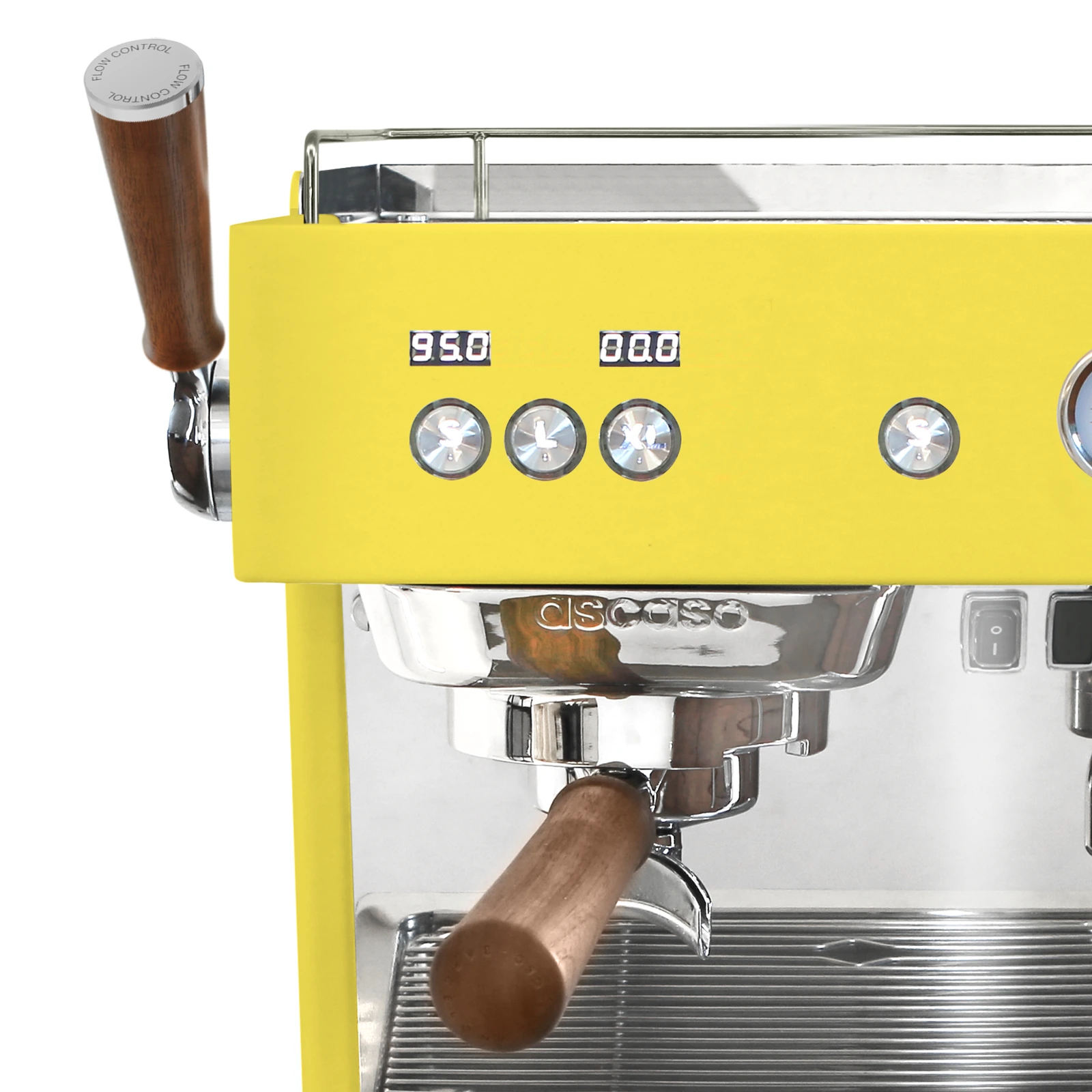 Yellow „Ascaso“ Baby T FLOW: brew group and walnut-handled portafilter