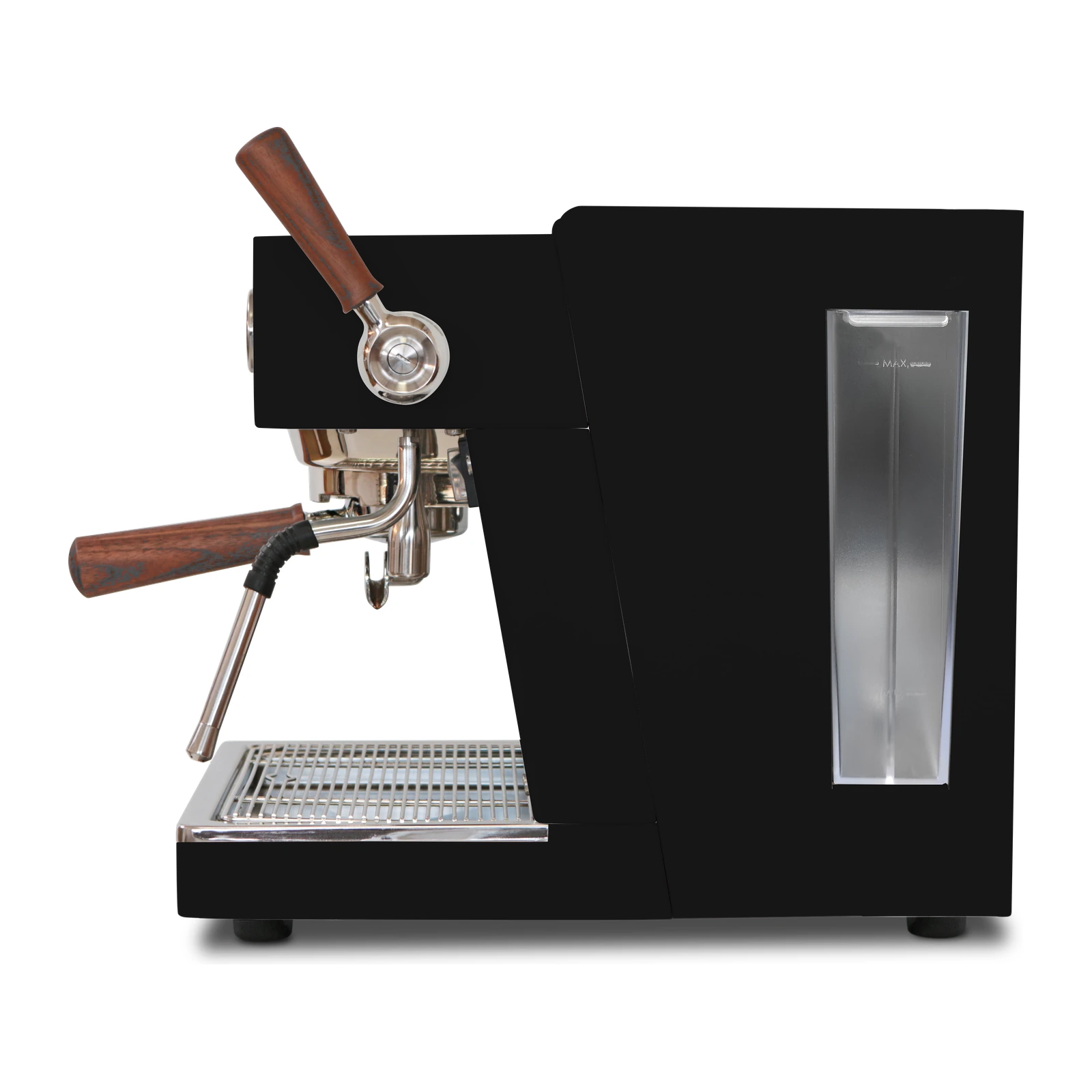 Black „Ascaso“ Baby T ONE from the side: 2 L water tank with a window