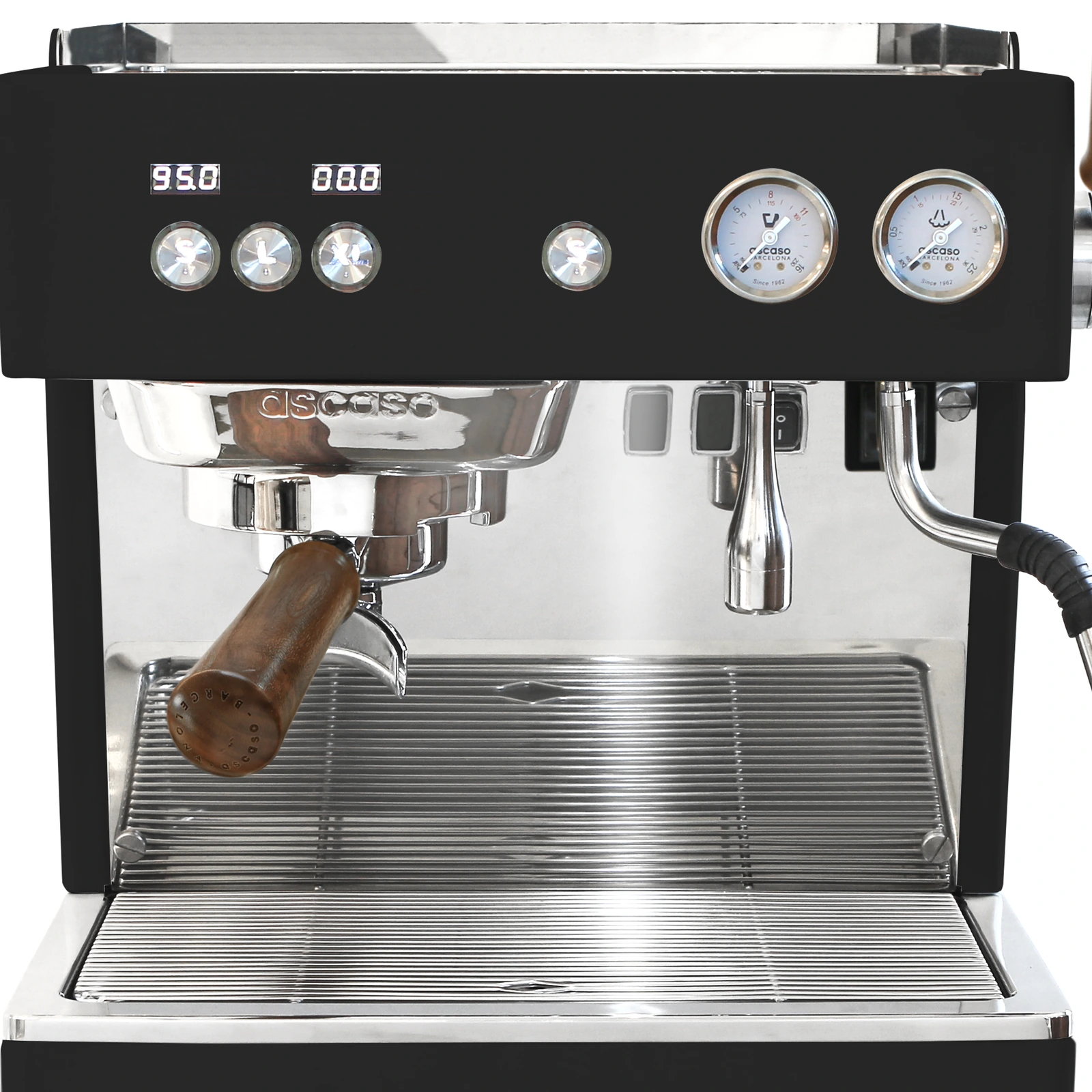 Black „Ascaso“ Baby T ONE from the front: two displays, dose buttons and two pressure gauges