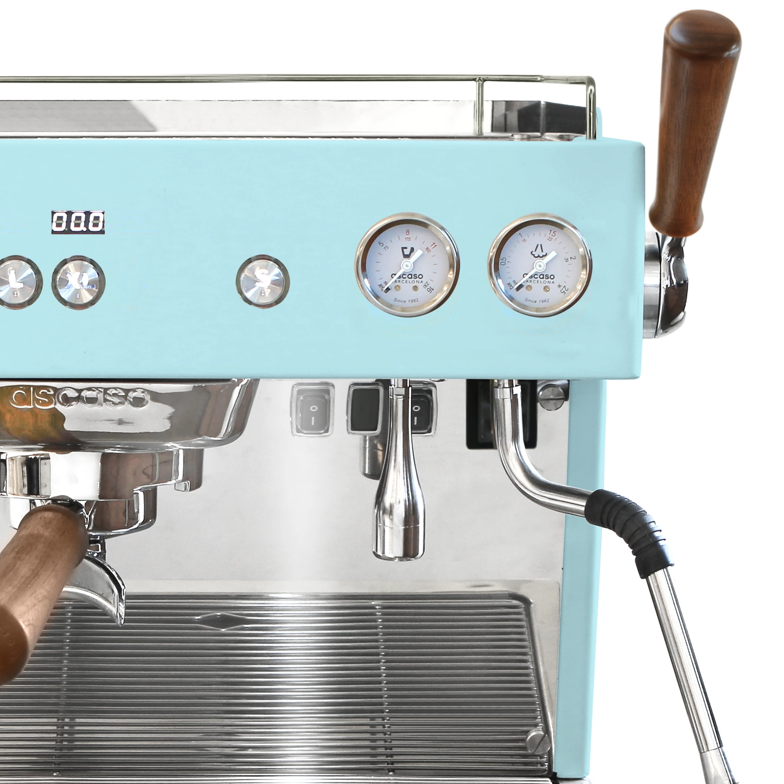 Light blue „Ascaso“ Baby T PLUS: walnut-handled steam joystick and steam wand