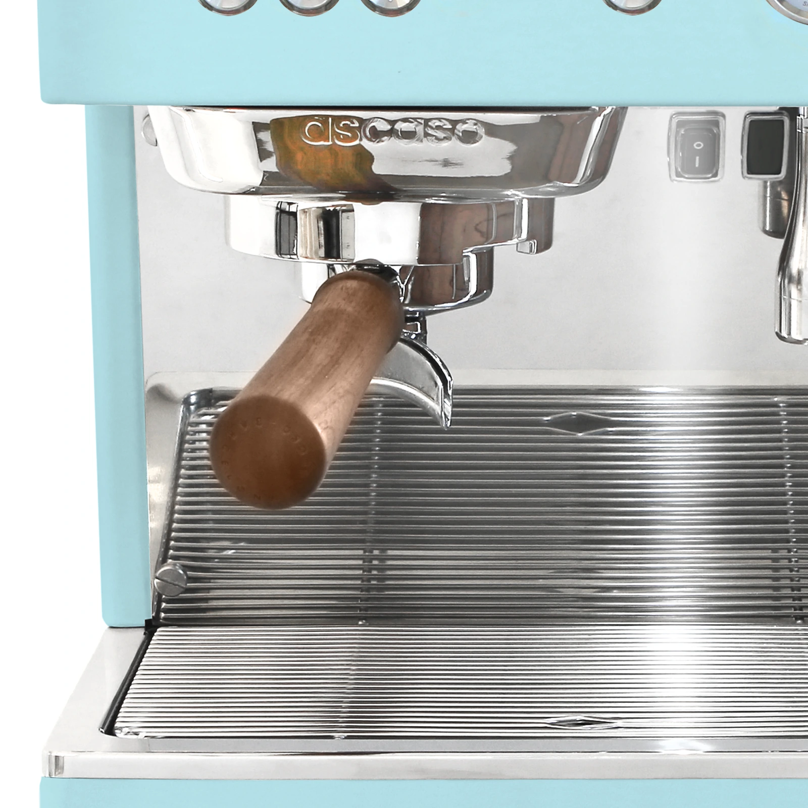 Light blue „Ascaso“ Baby T PLUS: brew group and walnut-handled portafilter