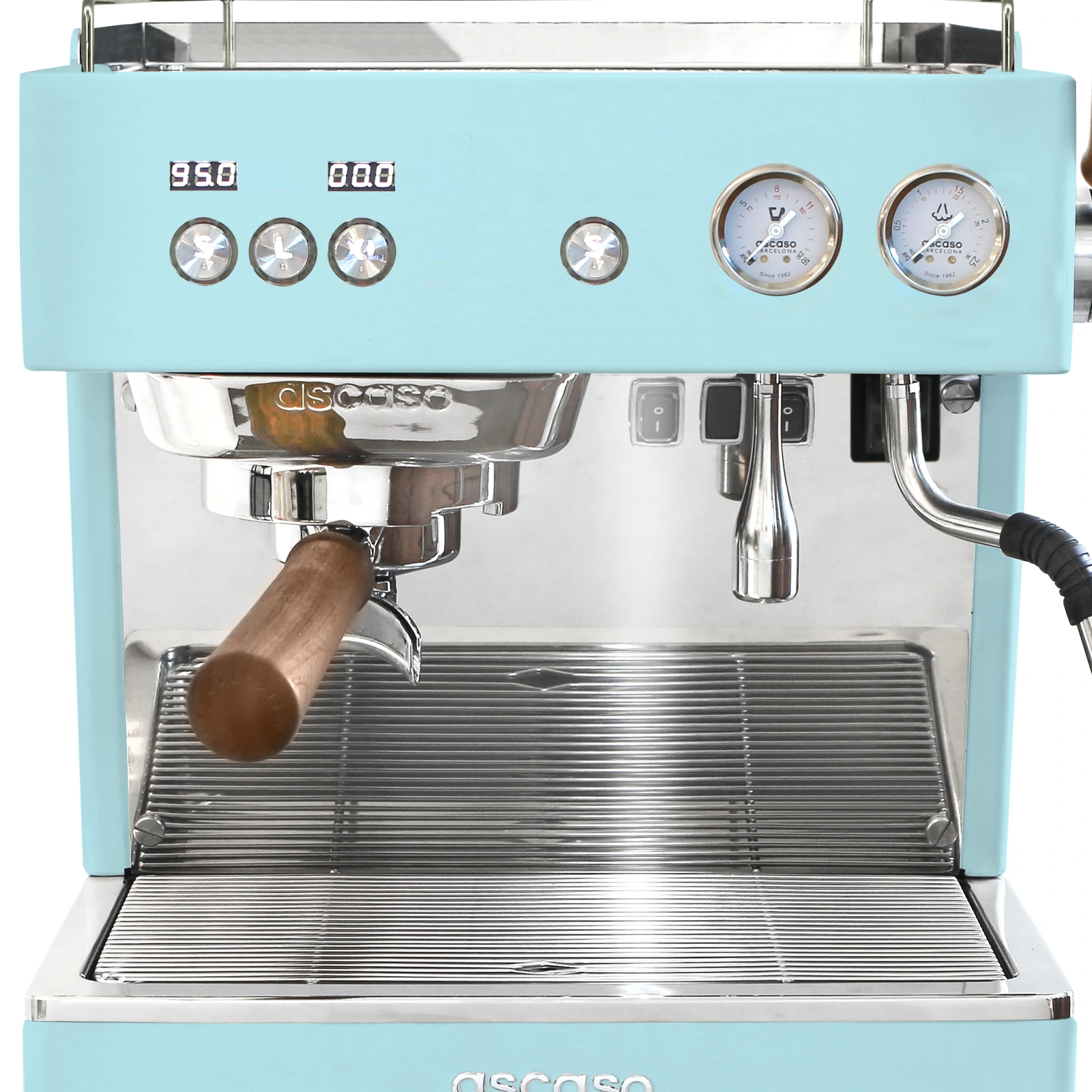 Light blue „Ascaso“ Baby T PLUS from the front: two displays, dose buttons and two pressure gauges