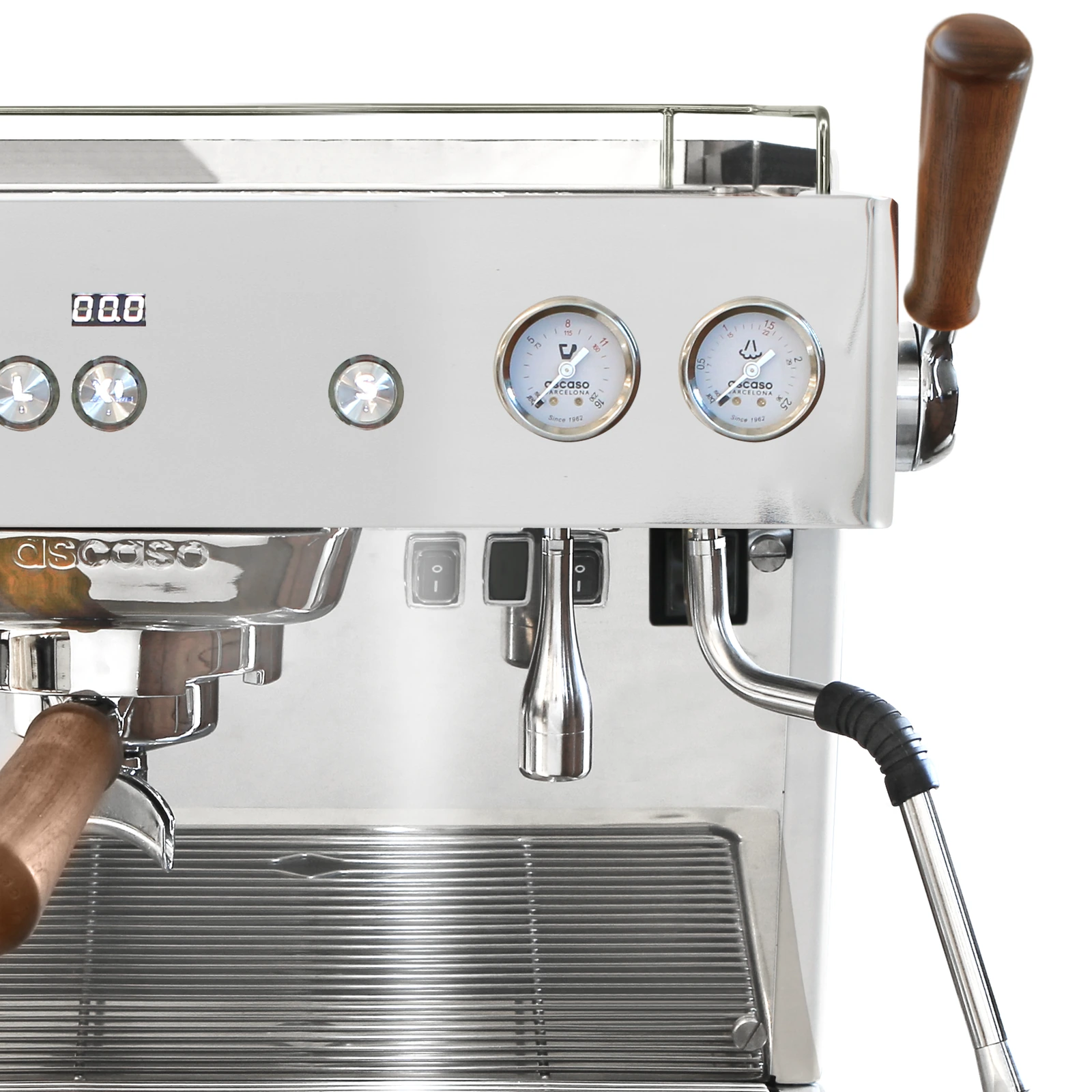 Stainless steel „Ascaso“ Baby T PLUS: walnut-handled steam joystick and steam wand