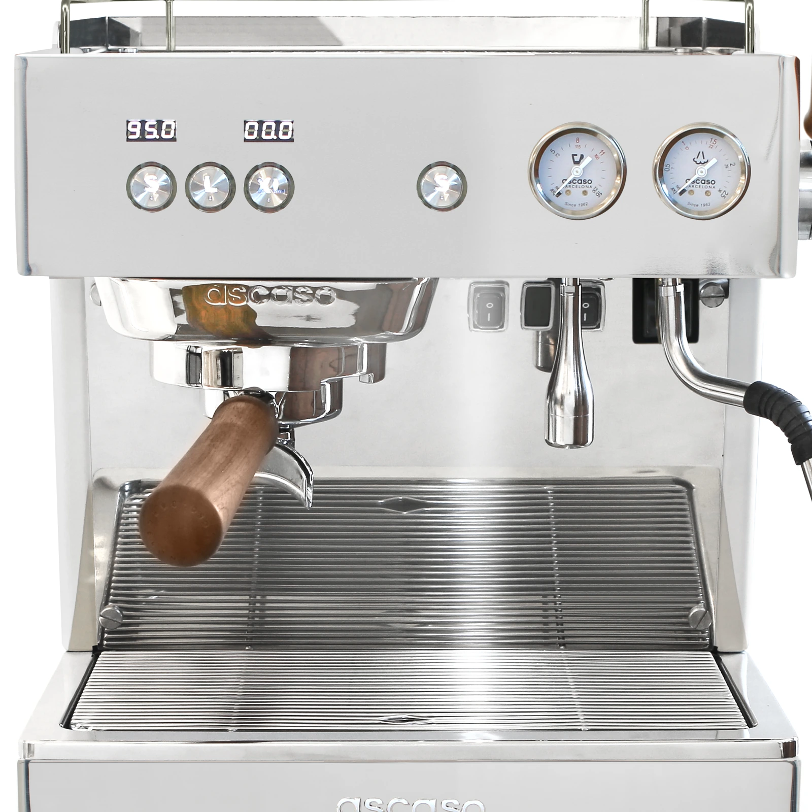 Stainless steel „Ascaso“ Baby T PLUS from the front: two displays, dose buttons and two pressure gauges