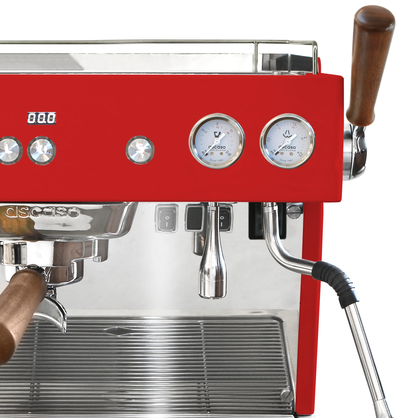 Red „Ascaso“ Baby T PLUS: walnut-handled steam joystick and steam wand