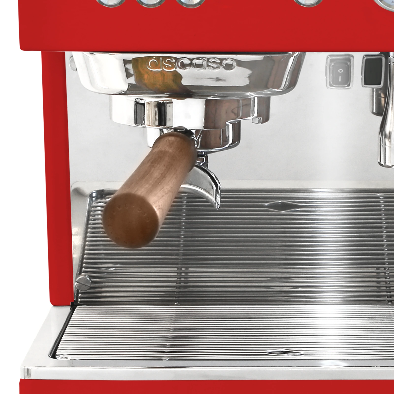 Red „Ascaso“ Baby T PLUS: brew group and walnut-handled portafilter