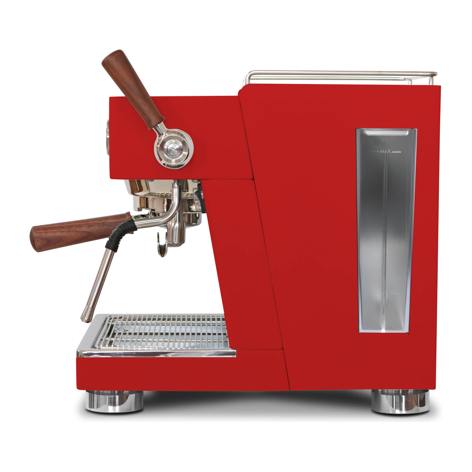 Red „Ascaso“ Baby T PLUS from the side: 2 L water tank with a window