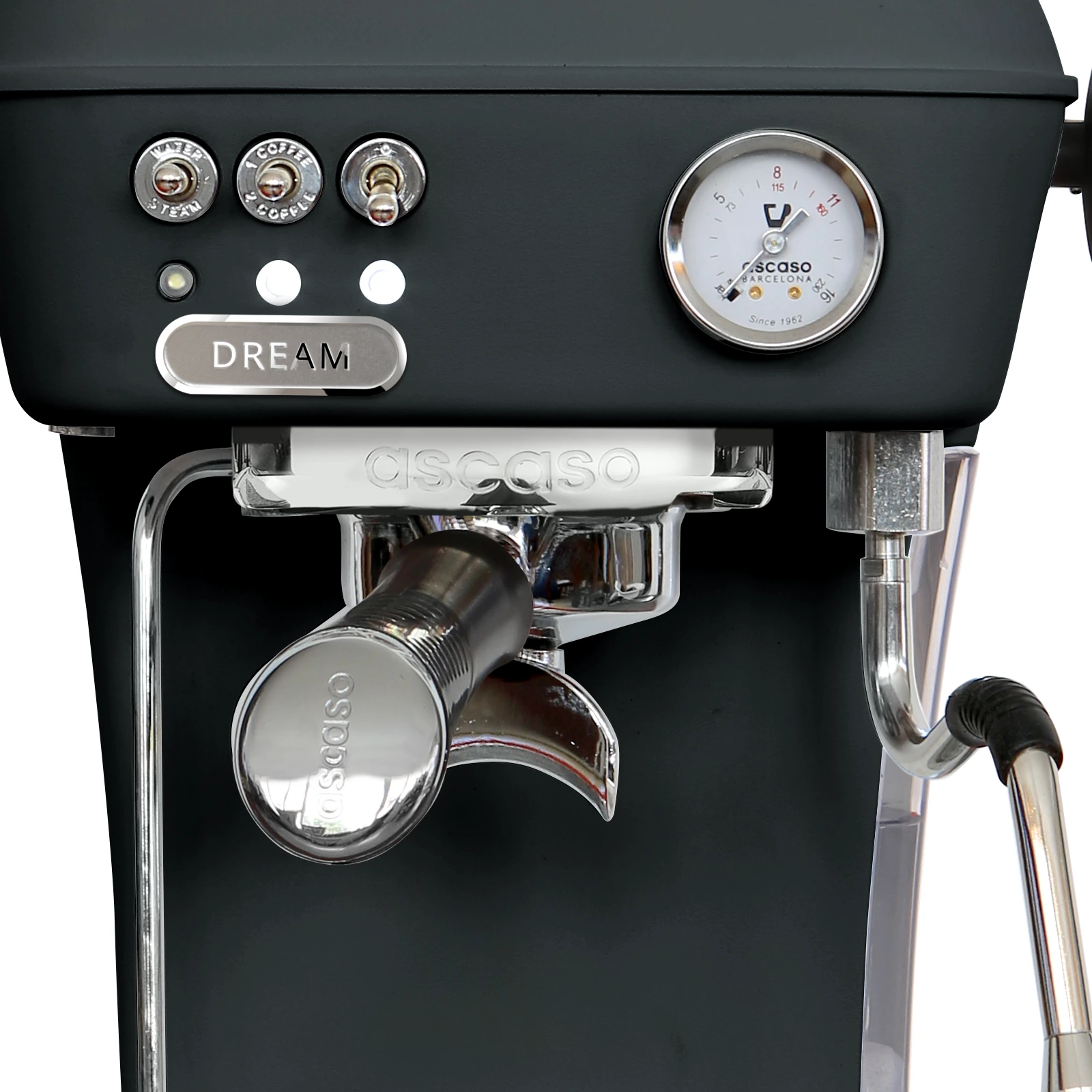 Anthracite „Ascaso“ Dream ONE from the front: switches, pressure gauge and portafilter in the group head