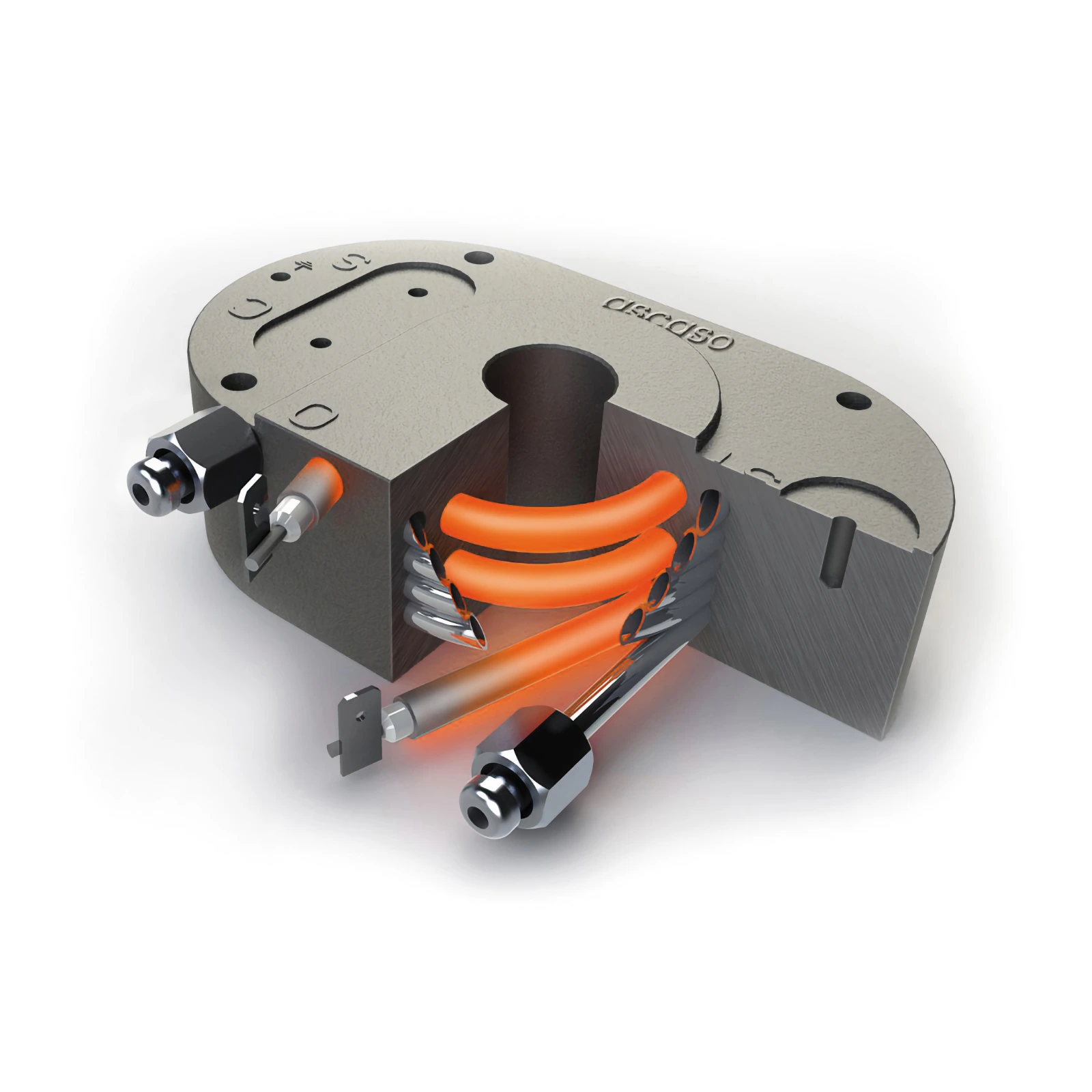 Cutaway of the „Ascaso“ thermoblock showing the heating element and water ducts