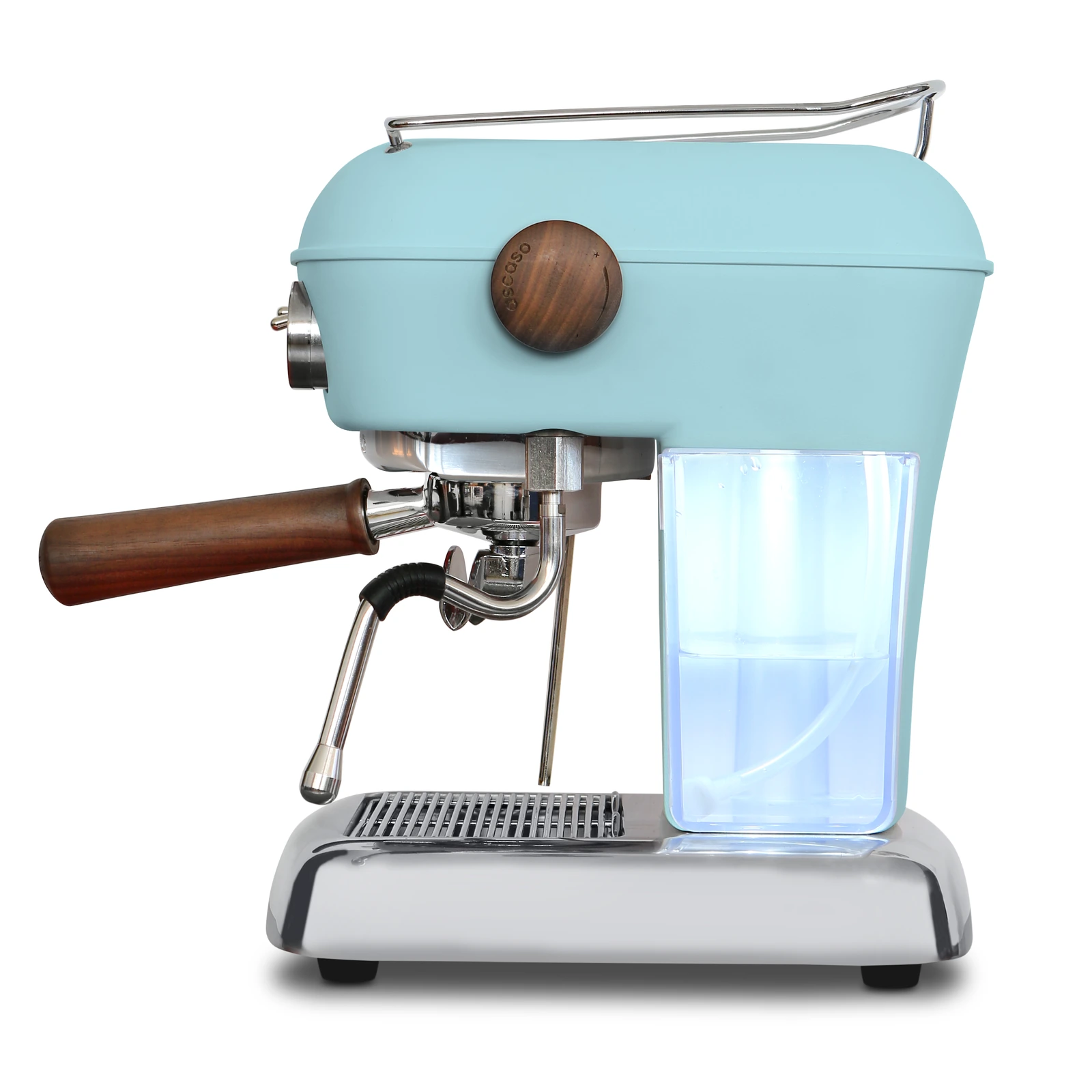 Light blue „Ascaso“ Dream PID from the side: illuminated 1.3 L water tank