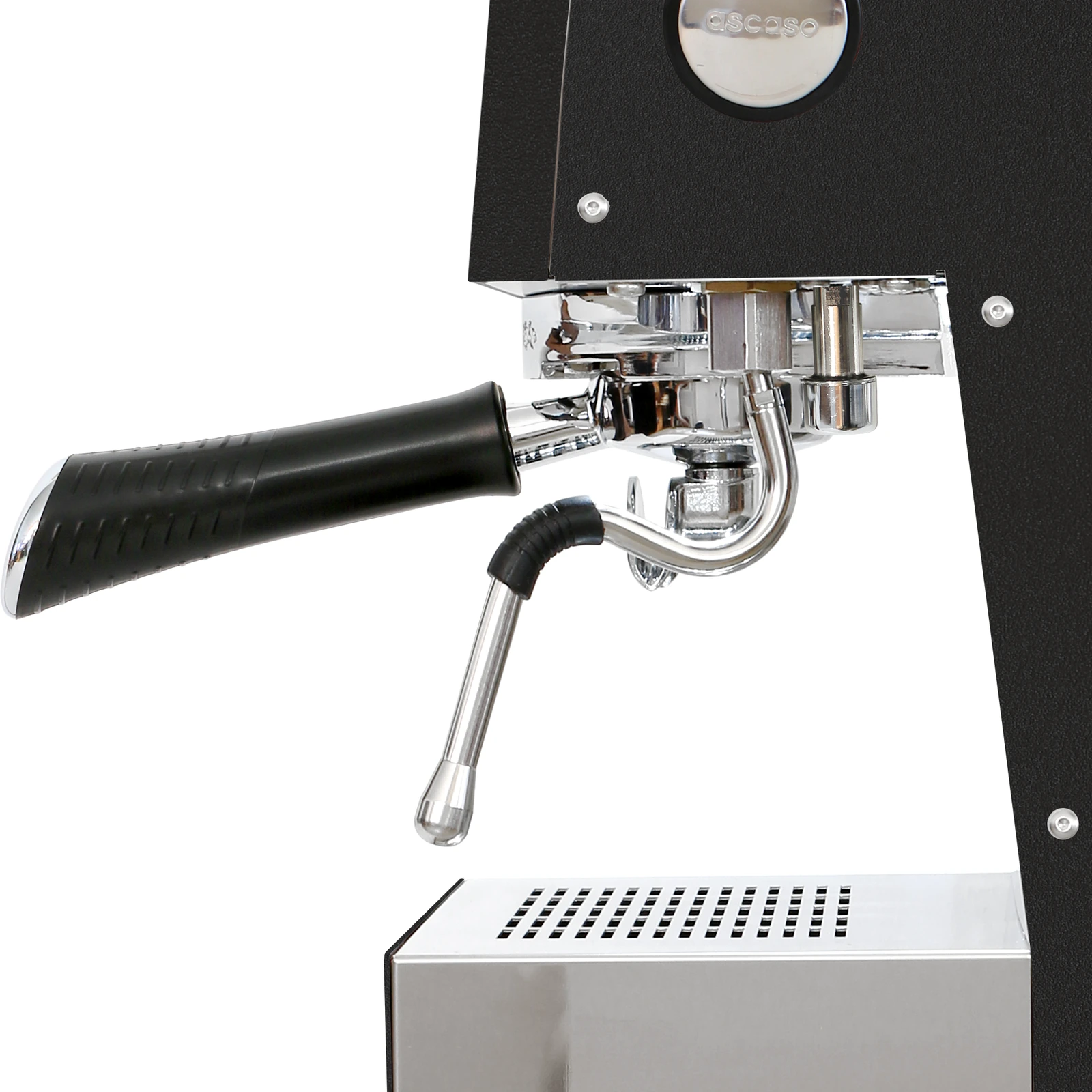 Black „Ascaso“ Steel DUO from the side: steam wand and portafilter