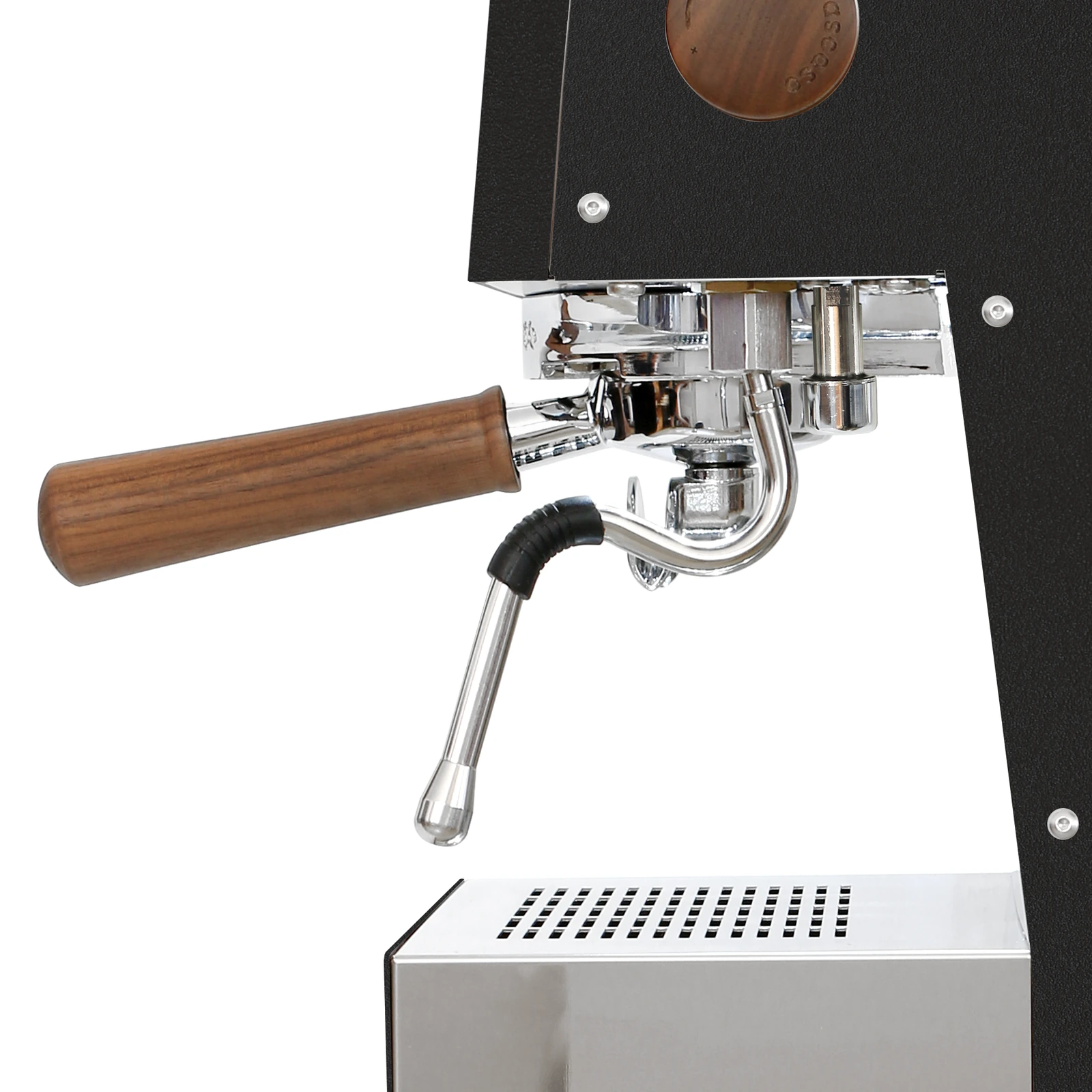 Black „Ascaso“ Steel DUO PID from the side: steam wand and walnut-handled portafilter