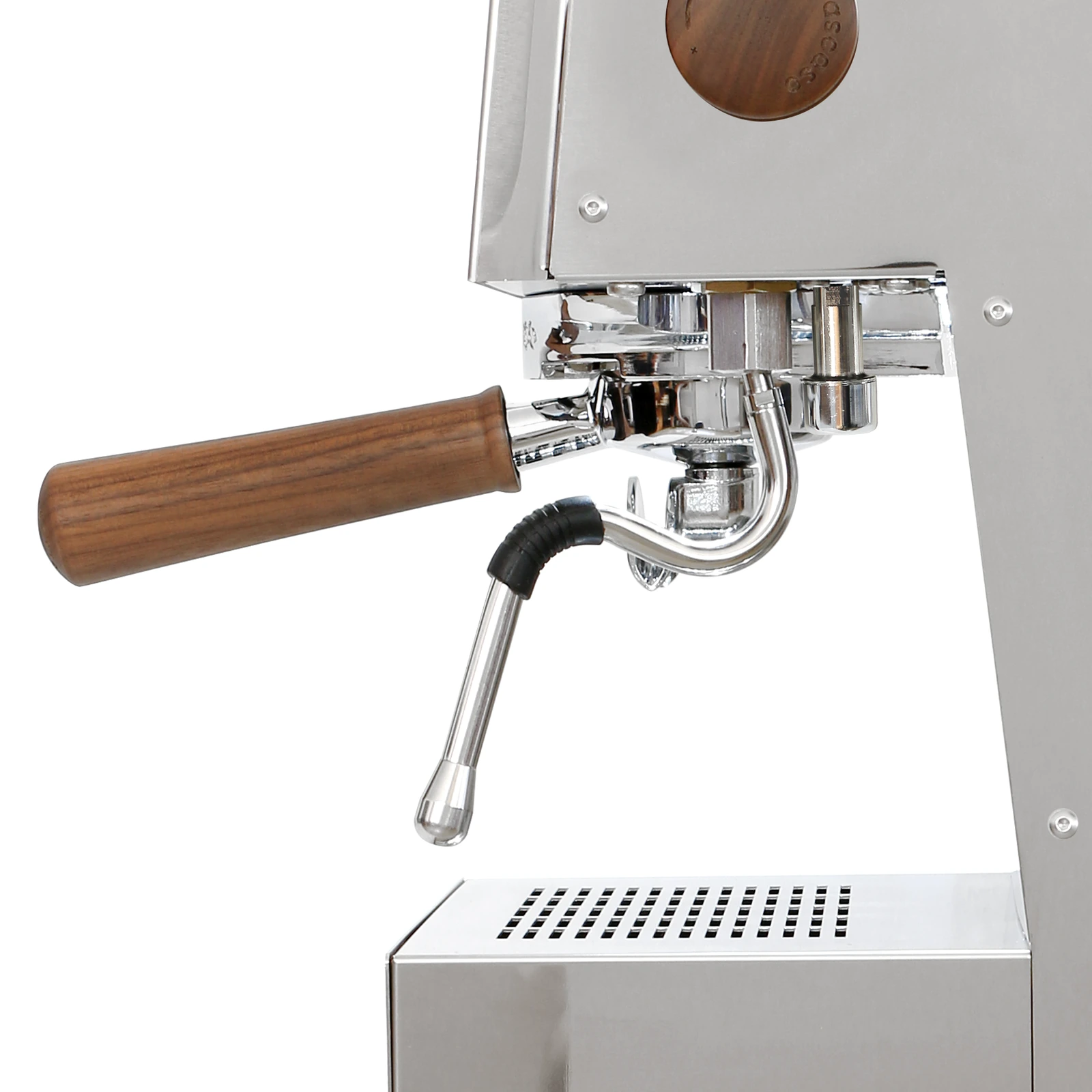Stainless steel „Ascaso“ Steel DUO PID from the side: steam wand and walnut-handled portafilter