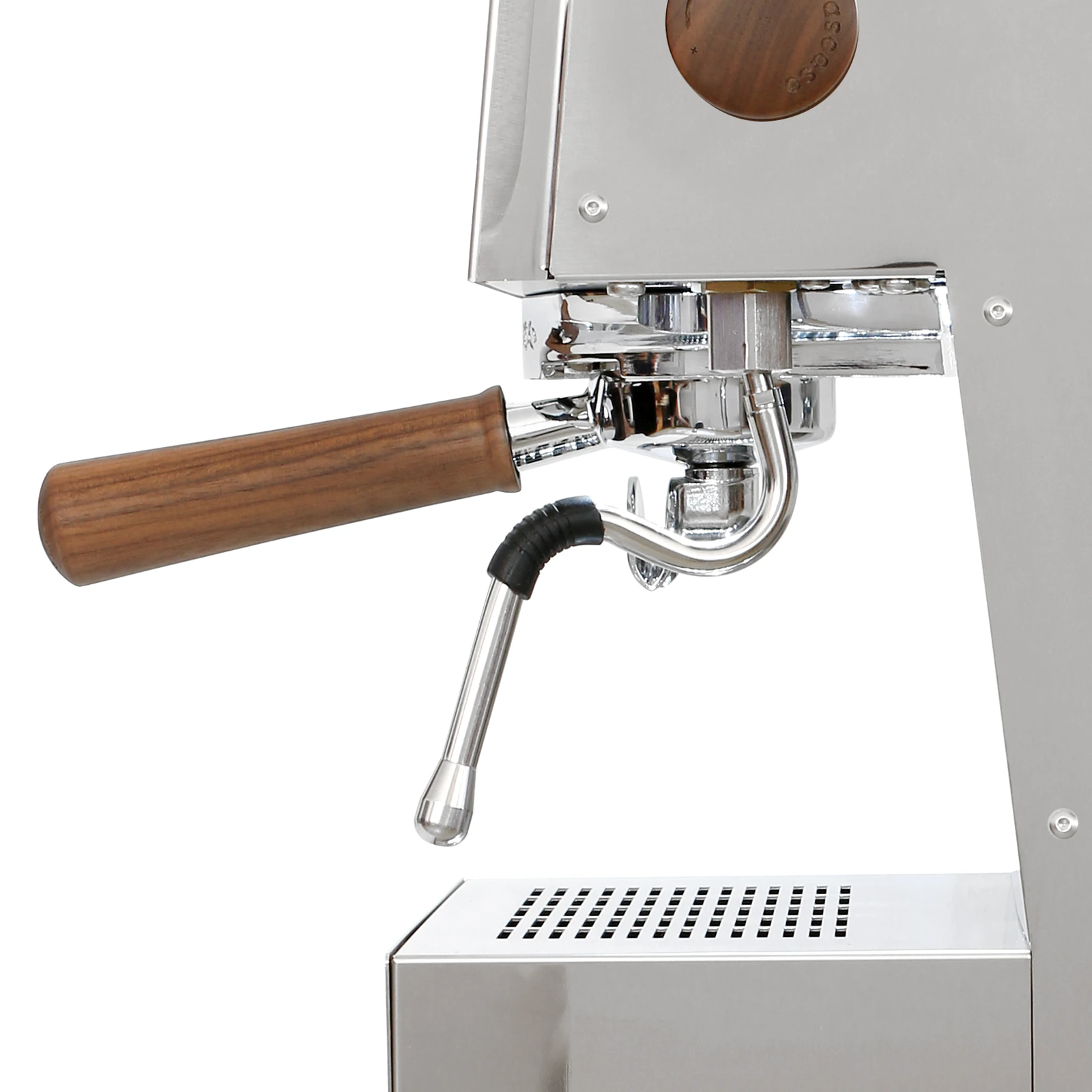 Stainless steel „Ascaso“ Steel UNO PID from the side: steam wand and walnut-handled portafilter