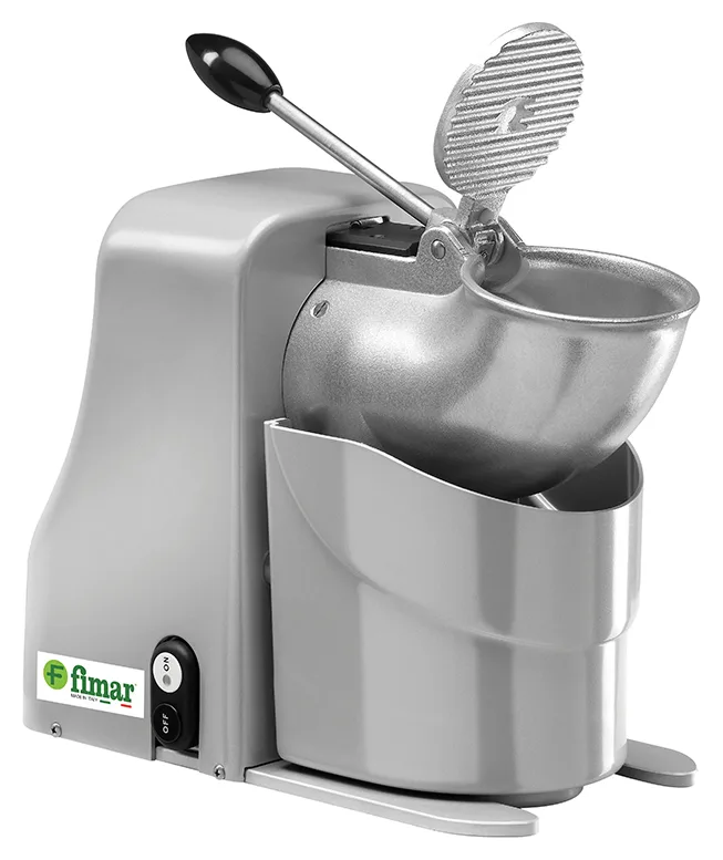 „Fimar“ TRL ice crusher in grey, with its hopper, ice container and raised lever