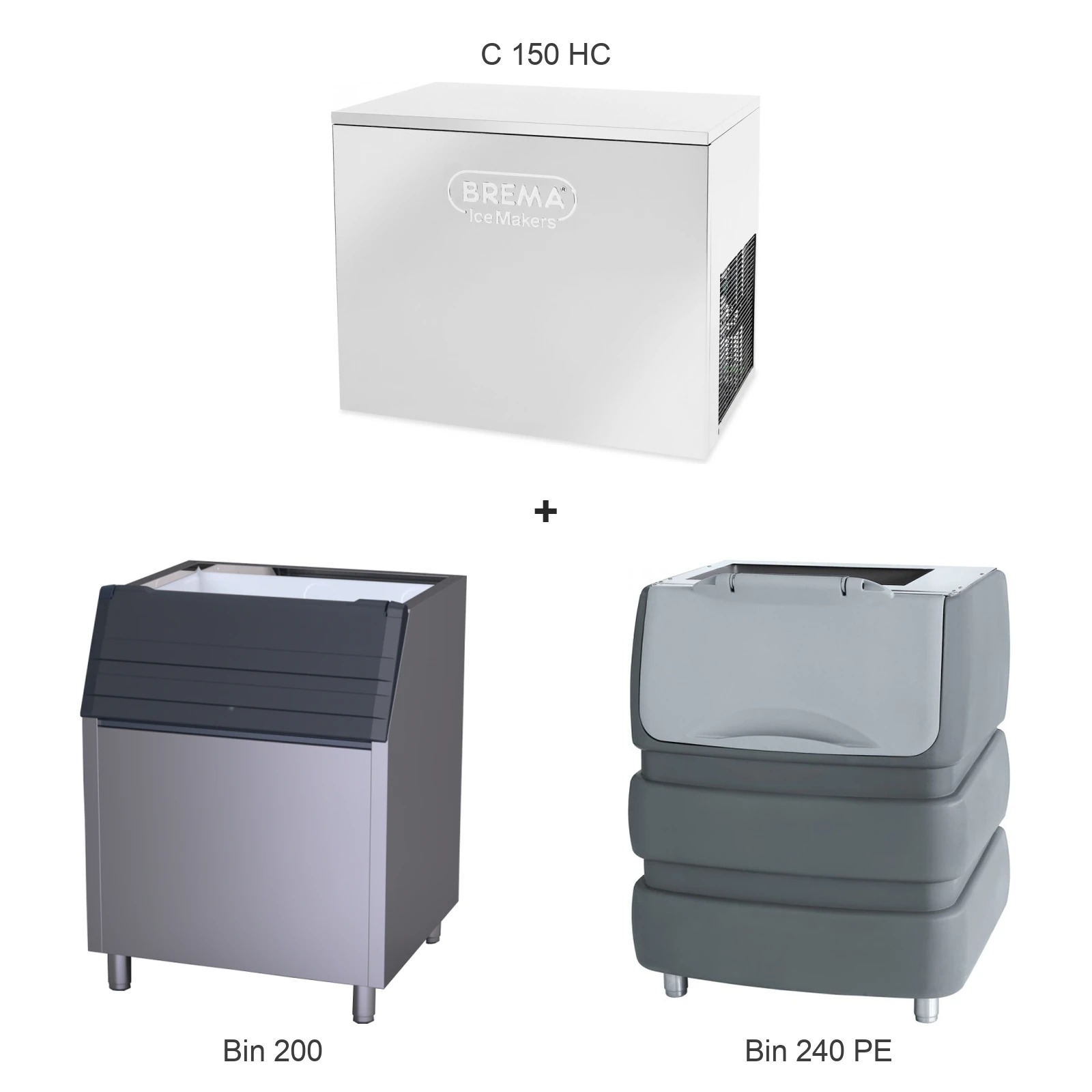 „Brema Ice“ C 150 HC and the two bins it can sit on: Bin 200 and Bin 240 PE