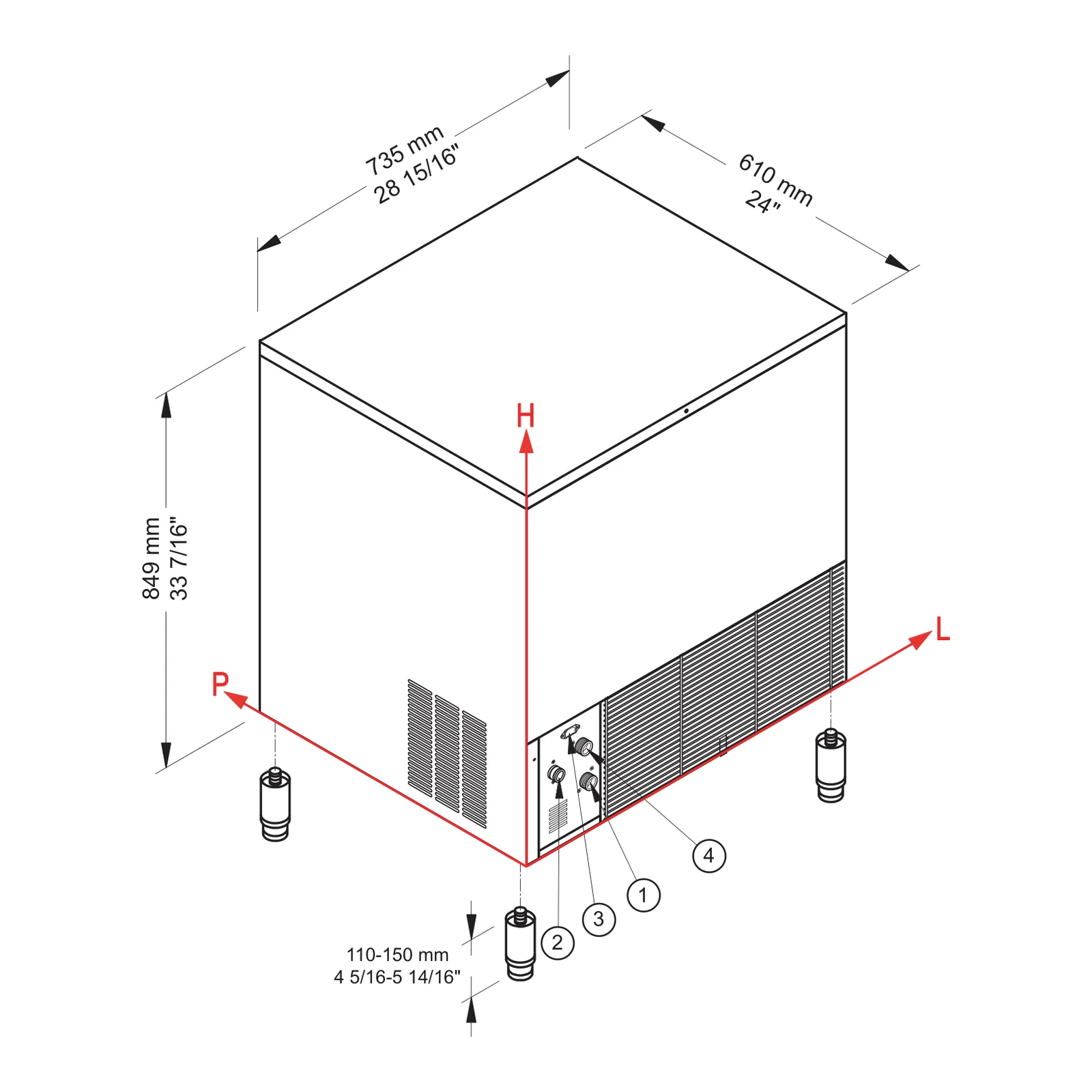 „Brema Ice“ CB 640 HC „B-Qube“ dimensions and connection points