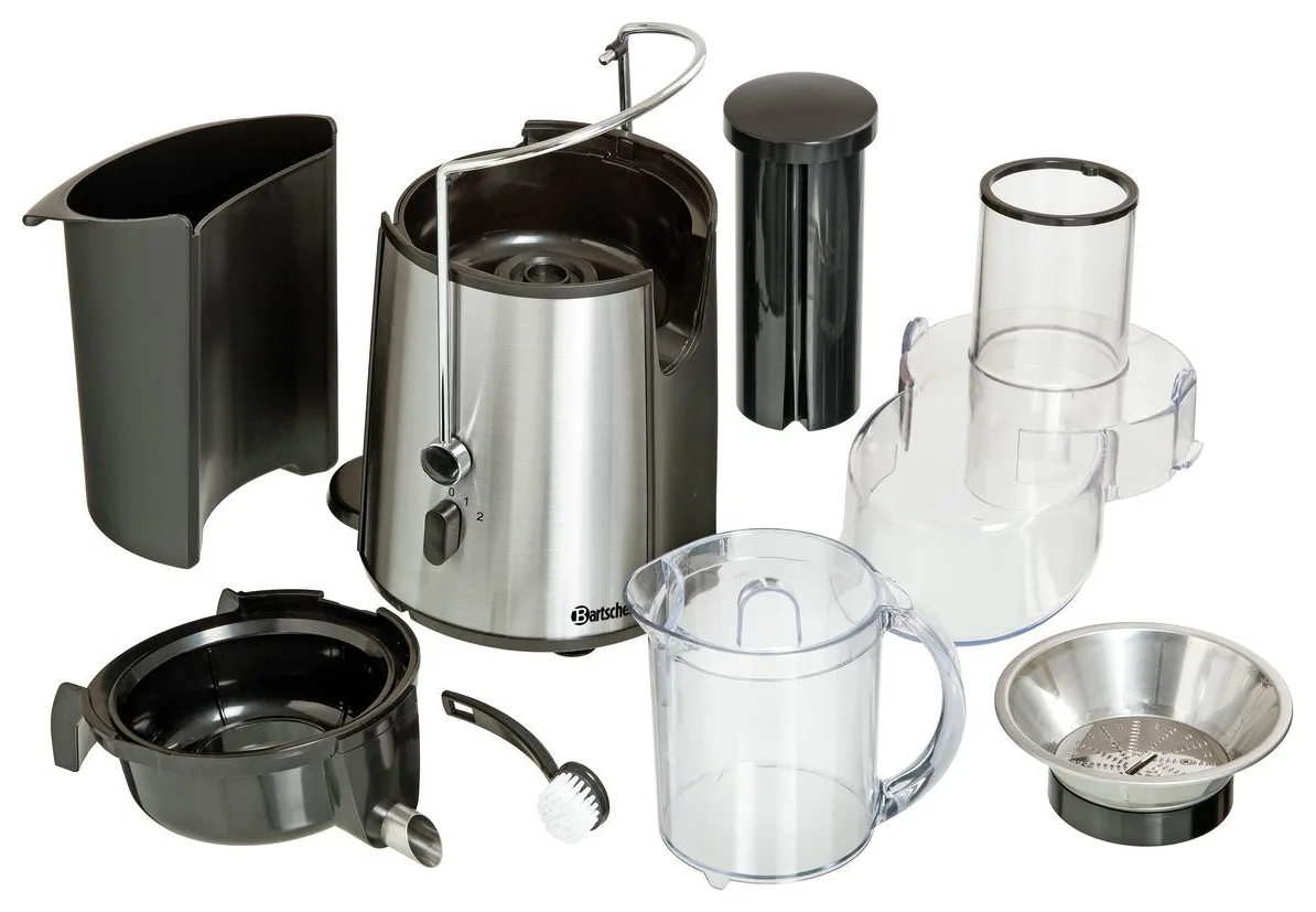 Išardyta centrifuginė sulčiaspaudė „Bartscher“ Top Juicer: variklio blokas su fiksavimo lanku, išspaudų indas, dubuo, sietas, dangtis su tiekimo anga, stūmiklis, ąsotis ir valymo šepetėlis