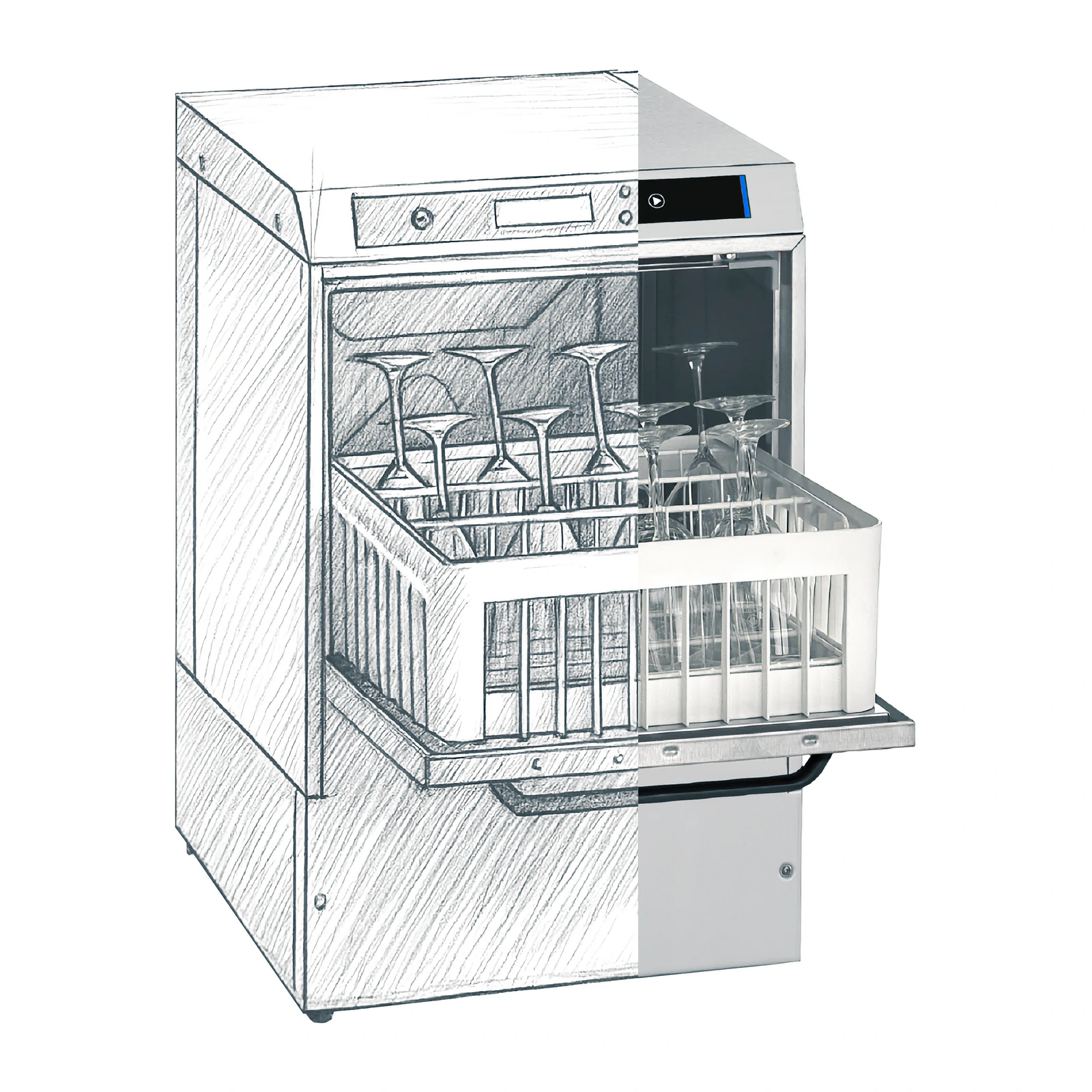 „Omniwash“ Prestige glasswasher, half pencil sketch, half photo