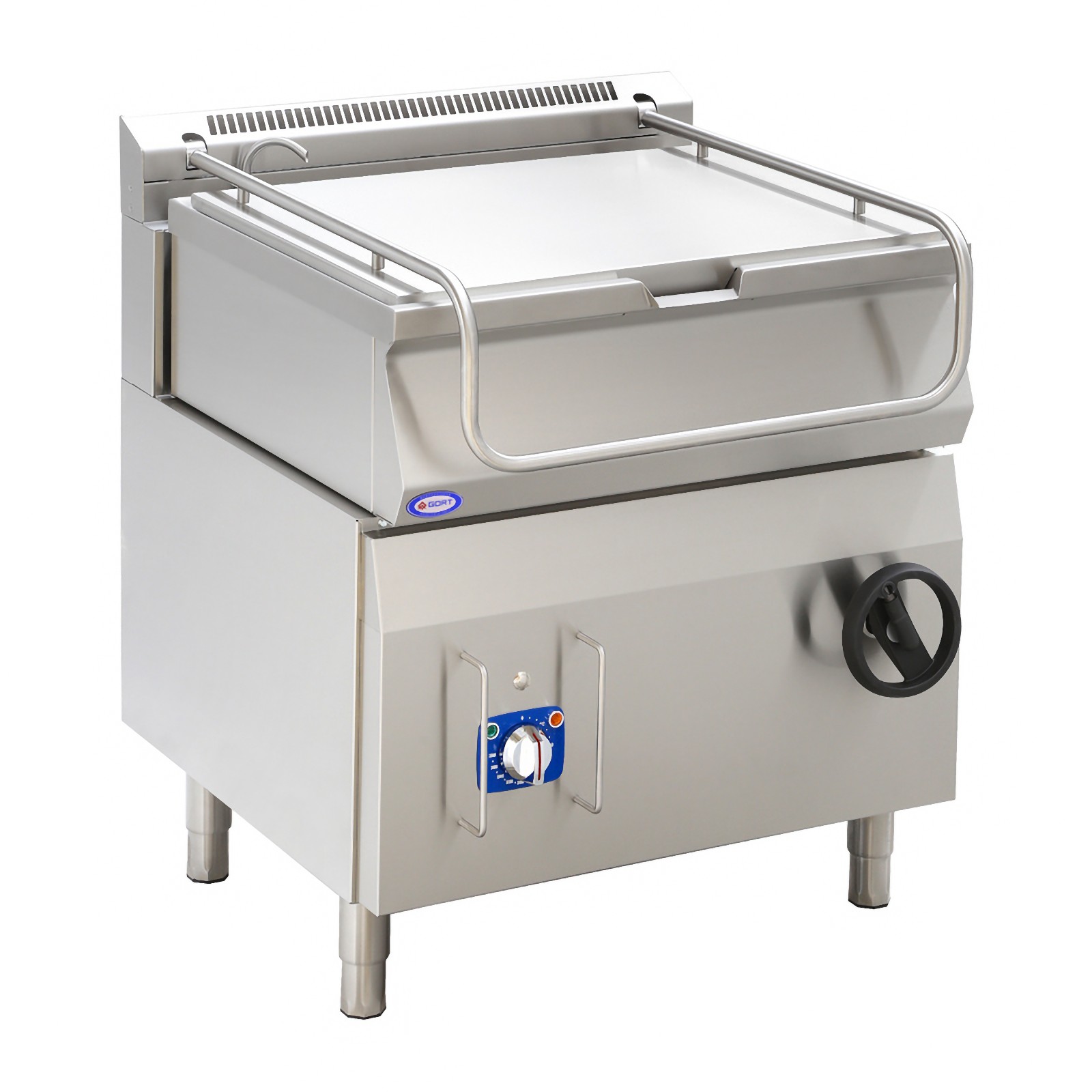 Bratt pan with the lid closed: temperature knob and tilting handwheel