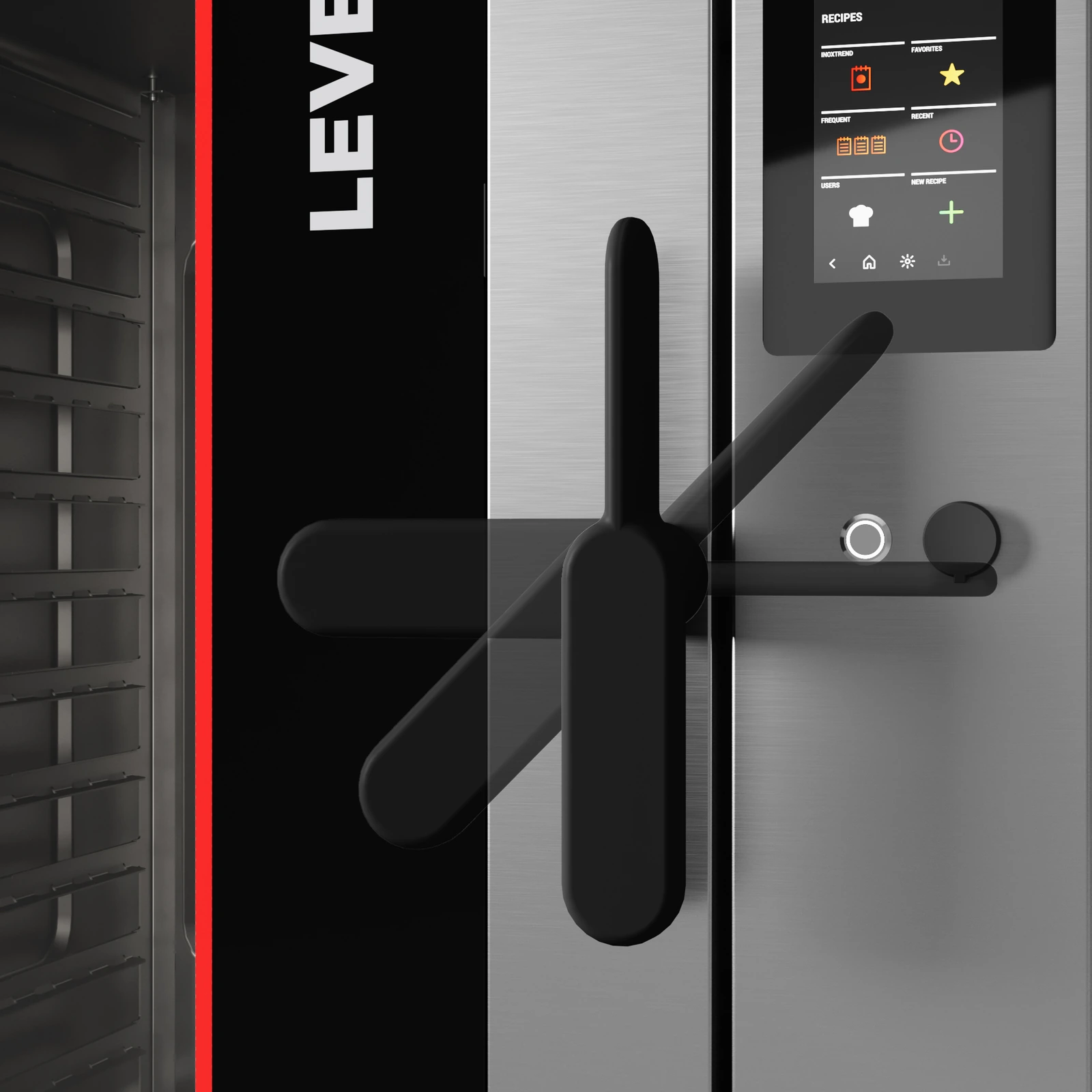 The patented double-grip handle of an „Inoxtrend“ Level-Up oven