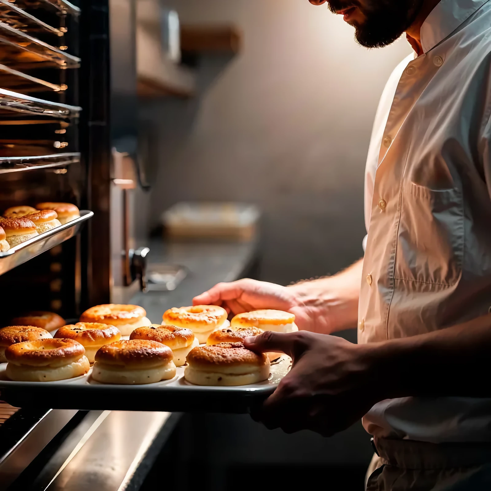 A chef taking a tray of pastries out of an „Inoxtrend“ oven
