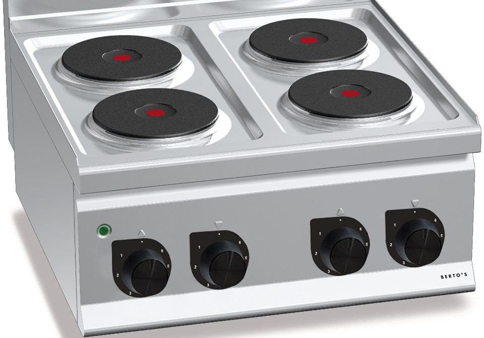 Top view: four cast iron hotplates set into the stainless steel worktop