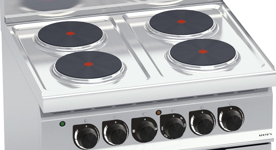 Top view: four cast iron hotplates set into the stainless steel worktop