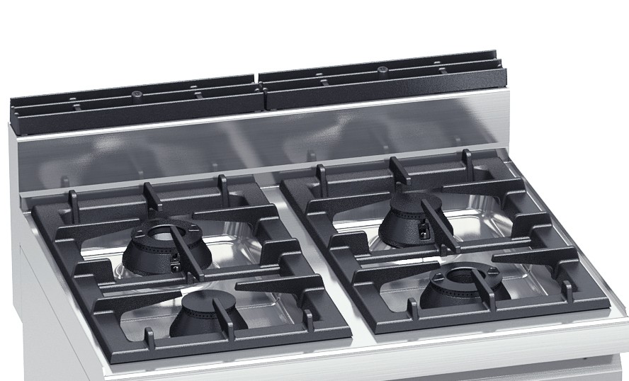 Top view: two 7 kW and two 3.5 kW burners under cast iron pan supports